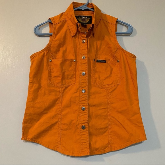 HARLEY DAVIDSON Moto Sleeveless Orange Button Down Shirt Size Small - Picture 1 of 11